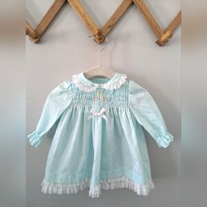 Rare Vintage Polly Flinders Blue Baby Dress With Lace And Smocking